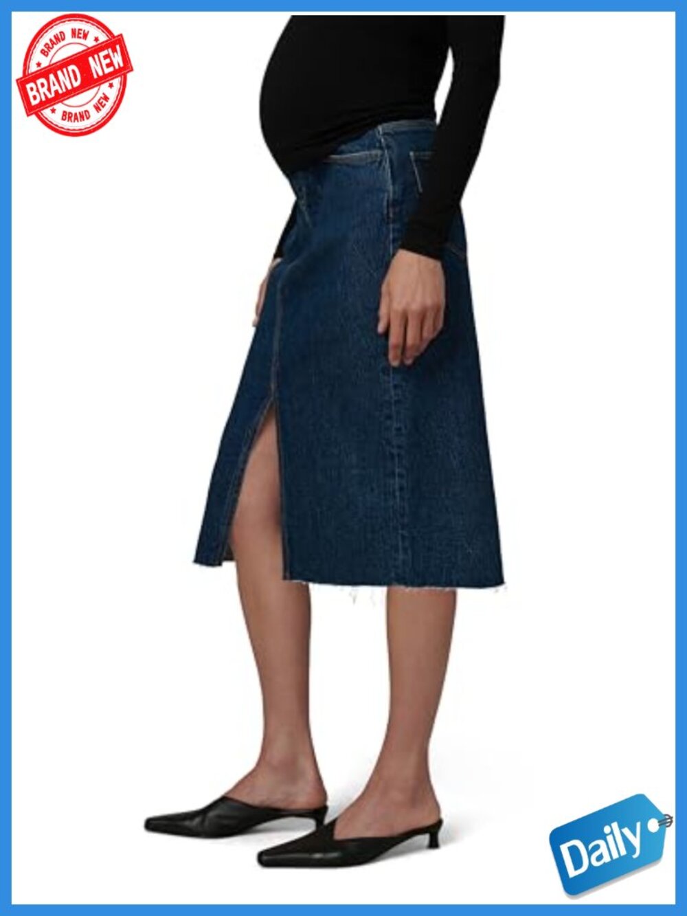 Maternity Denim Knee Length Skirt High Waist Raw Hem Straight
